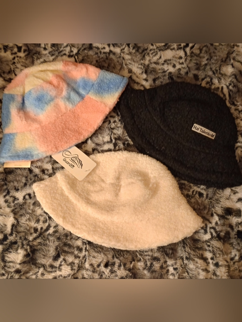 Bundle Deal! NWT (3) Fleece Plush Bucket Hat - Ivory Cream, Multicolor & Black